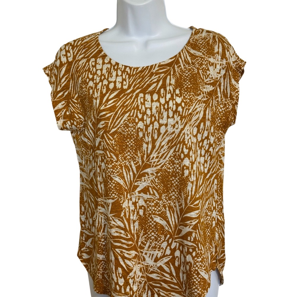 CHRISTIAN SIRIANO New York Mustard Yellow/Cream 100% Linen Tropical Top Size M - Picture 2 of 7